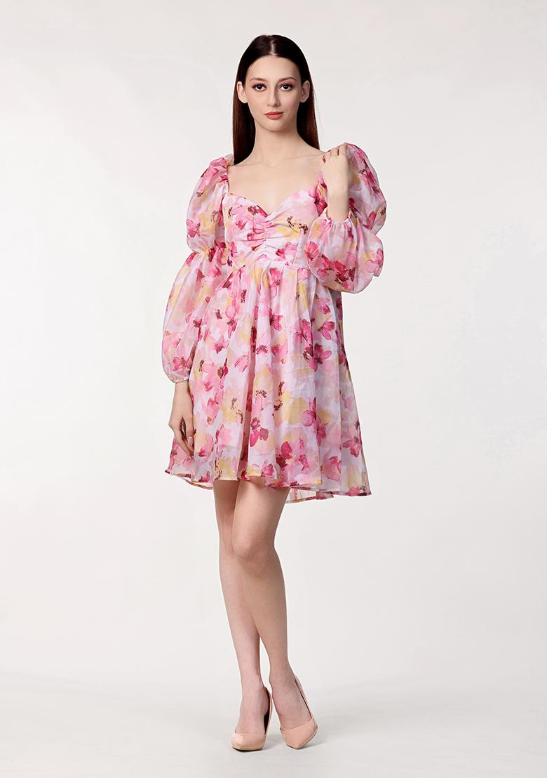 Pink Prirnted Blended Dress - Indya
