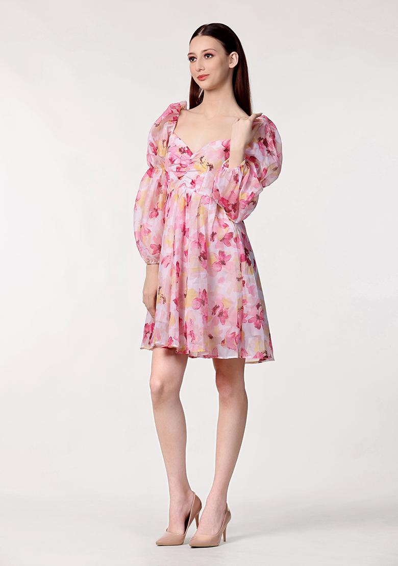 Pink Prirnted Blended Dress - Indya