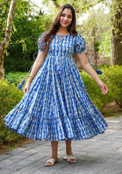 Blue Digital Printed Rayon Anarkali Dress