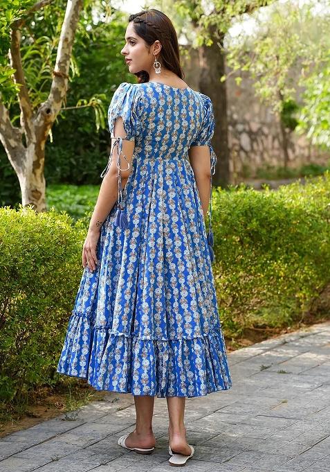 Blue Digital Printed Rayon Anarkali Dress