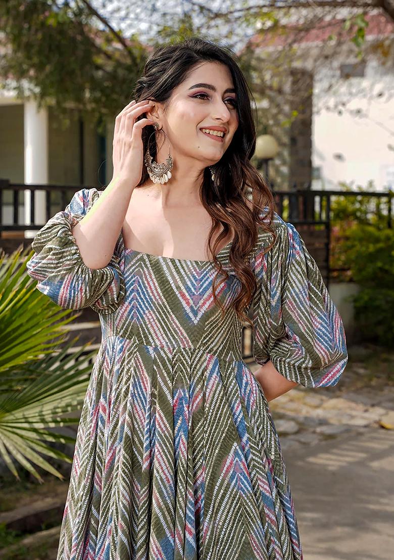 Multicolor Digital Printed Rayon Anarkali Dress