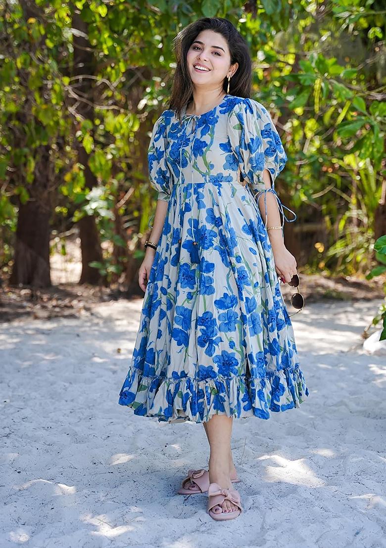 Blue Digital Printed Rayon Anarkali Dress