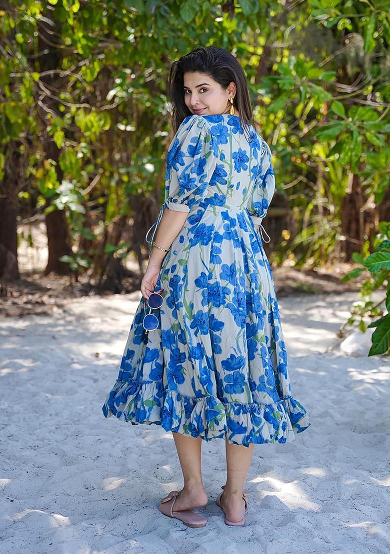 Blue Digital Printed Rayon Anarkali Dress