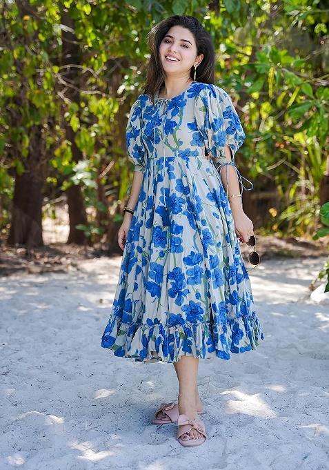 Blue Digital Printed Rayon Anarkali Dress