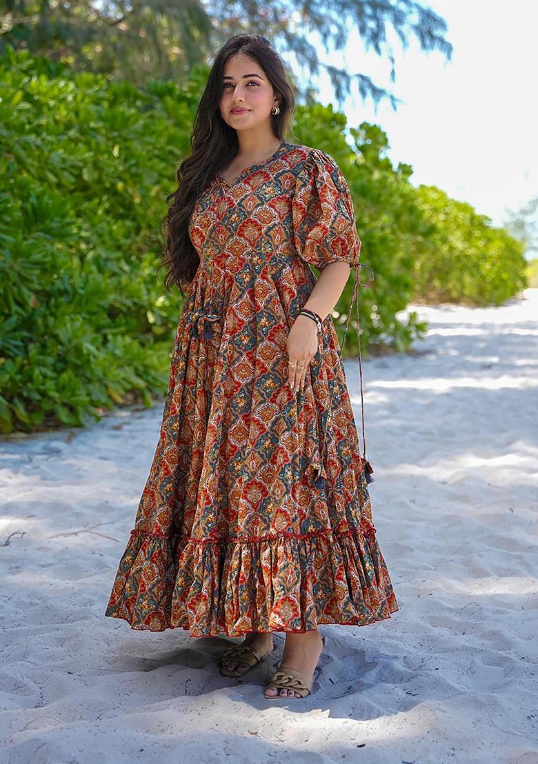 Multicolor Digital Printed Rayon Anarkali Dress