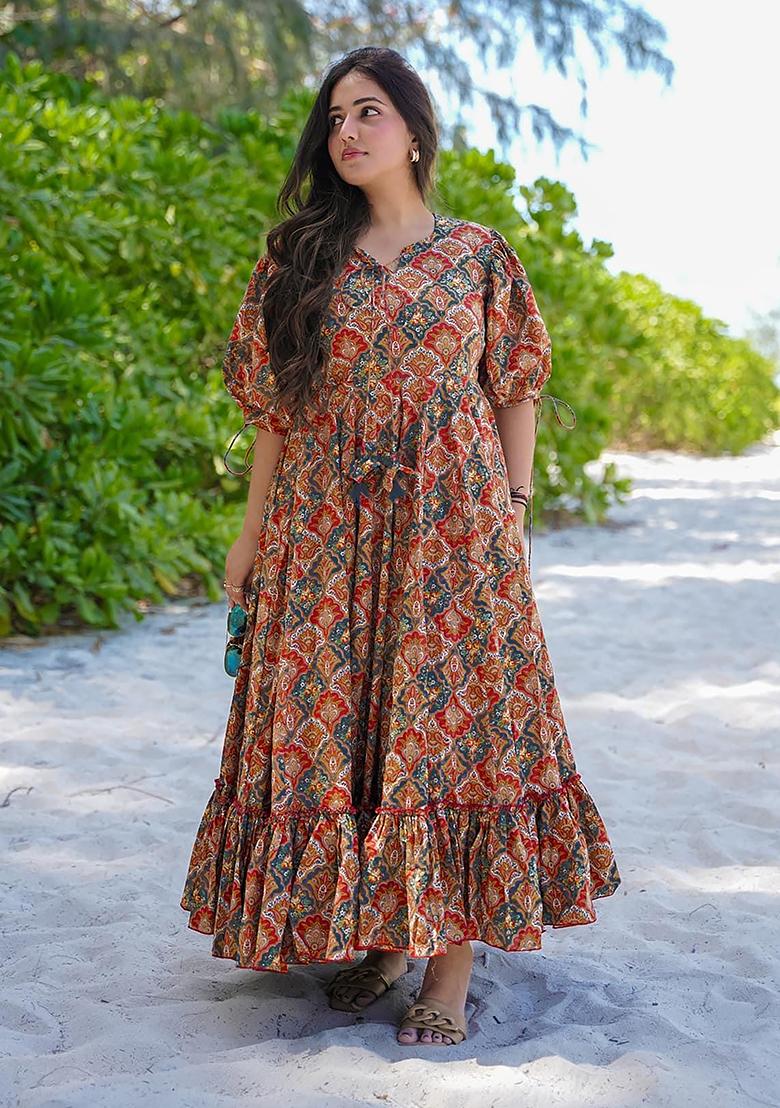 Multicolor Digital Printed Rayon Anarkali Dress