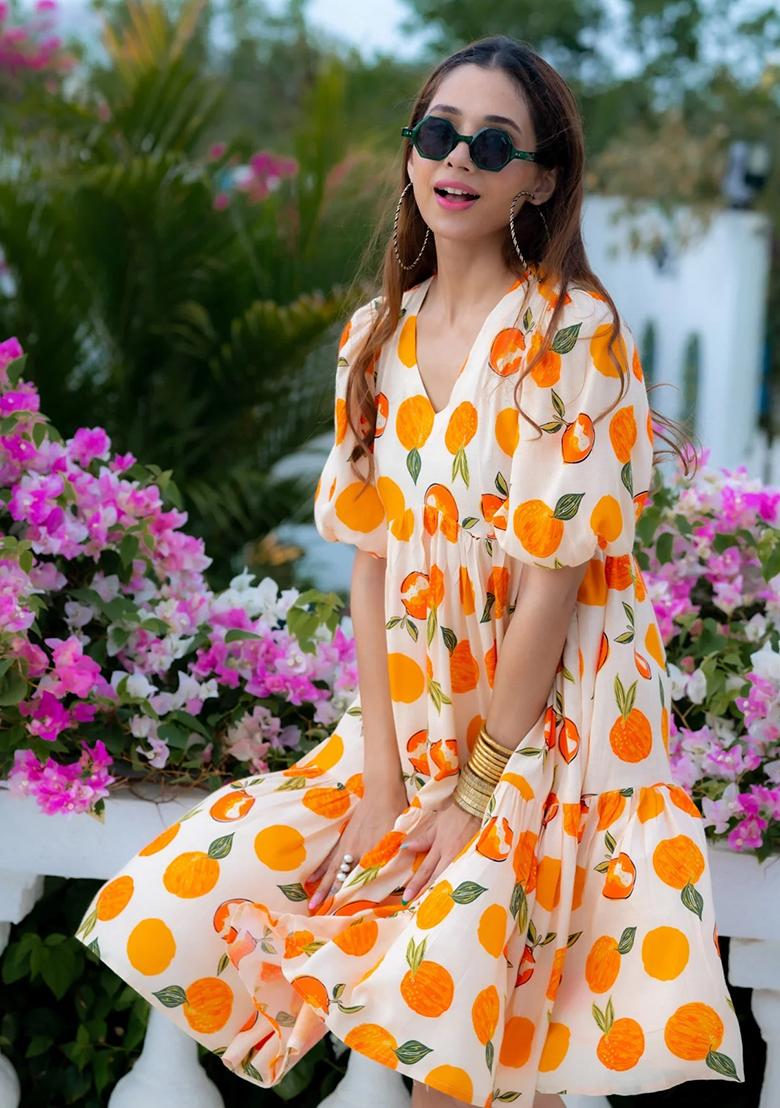 White And Yellow Digital Printed Rayon Anarkali Dress