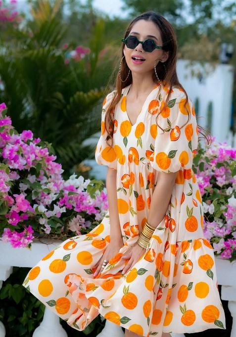 White And Yellow Digital Printed Rayon Anarkali Dress