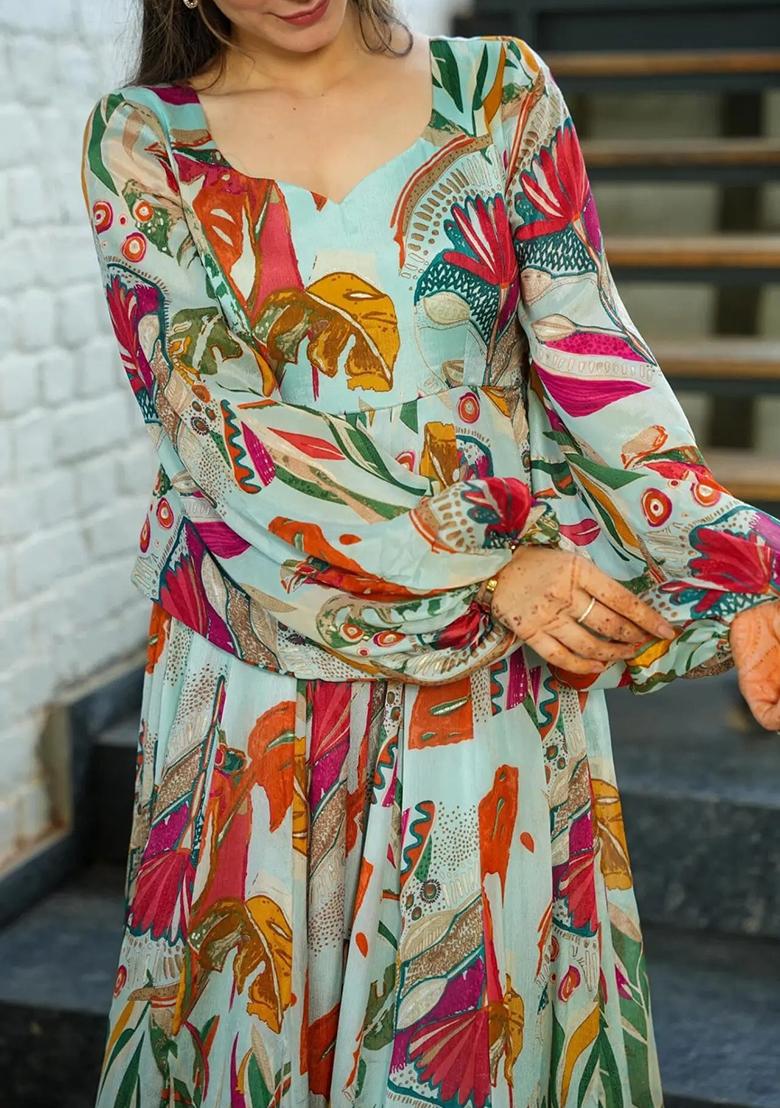 Green Digital Printed Chinon Anarkali Dress