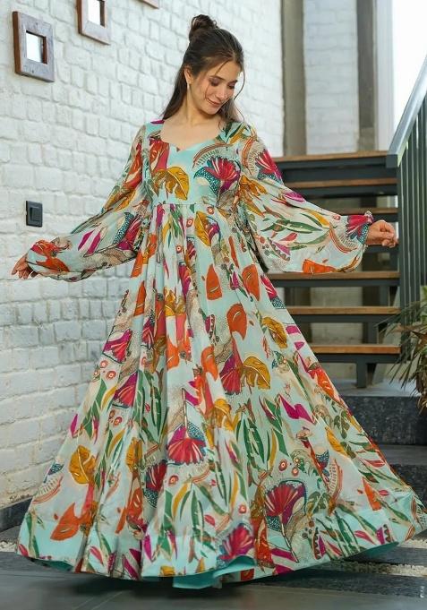 Green Digital Printed Chinon Anarkali Dress