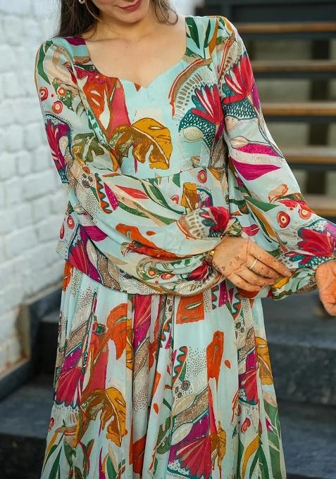 Green Digital Printed Chinon Anarkali Dress