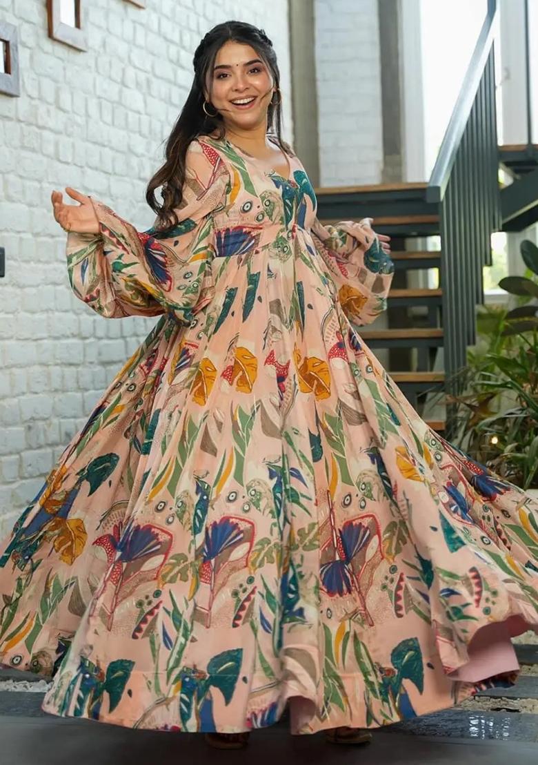 Peach Digital Printed Chinon Anarkali Dress