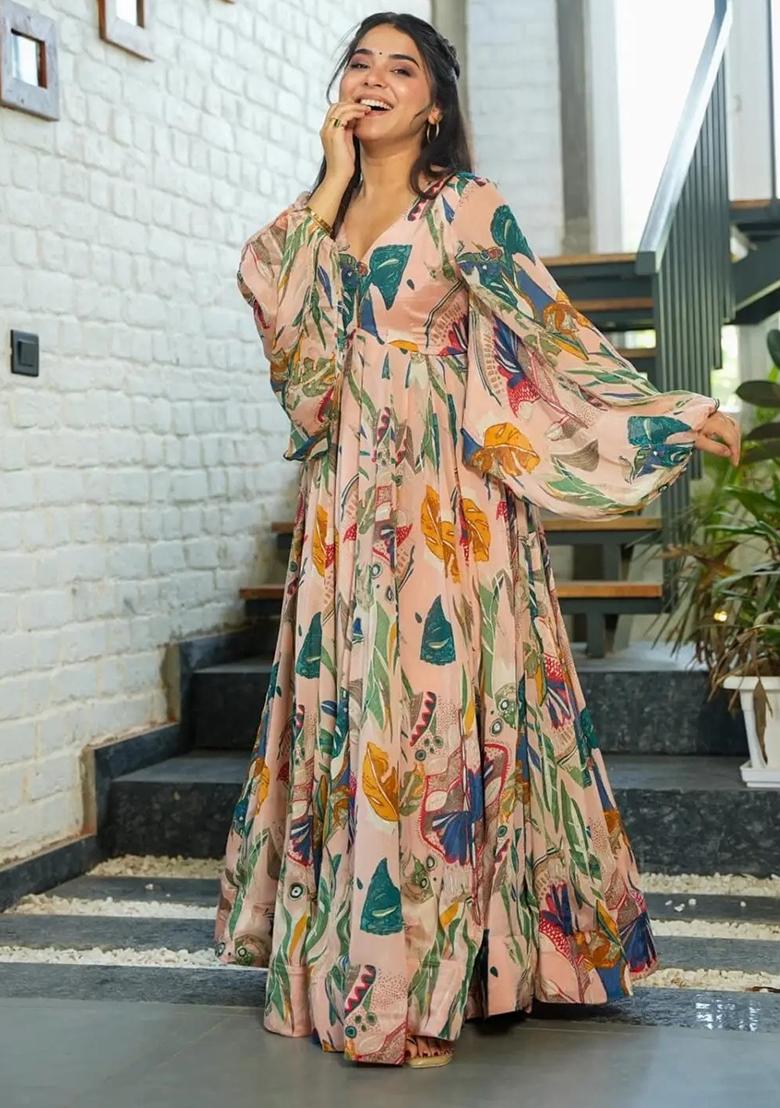 Peach Digital Printed Chinon Anarkali Dress