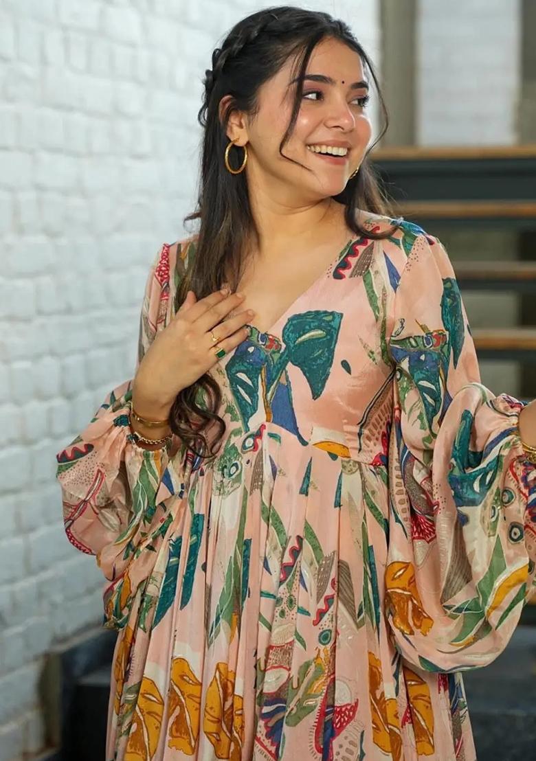 Peach Digital Printed Chinon Anarkali Dress