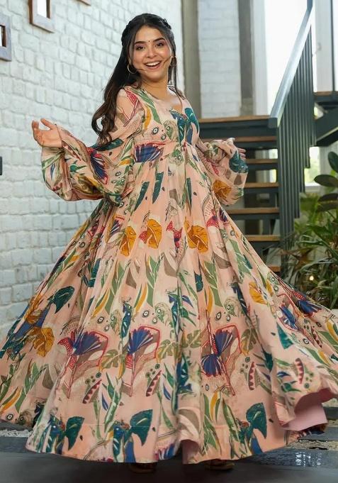 Peach Digital Printed Chinon Anarkali Dress