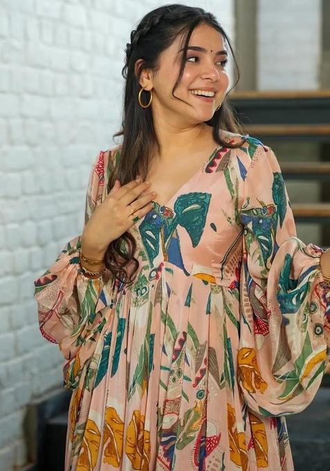 Peach Digital Printed Chinon Anarkali Dress