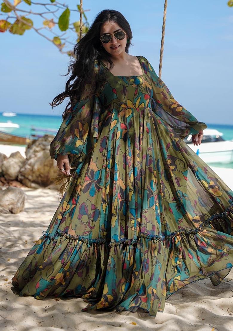 Green Digital Printed Chinon Anarkali Dress