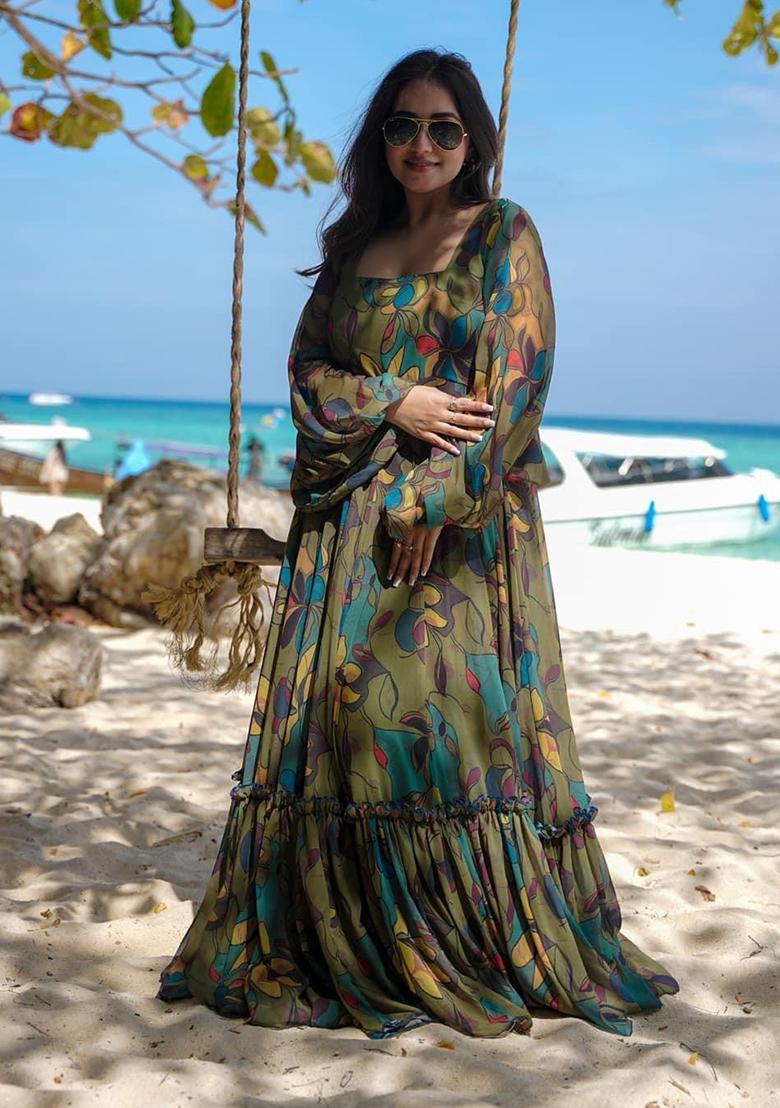 Green Digital Printed Chinon Anarkali Dress