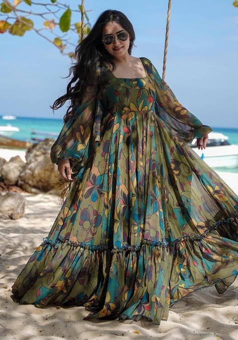 Green Digital Printed Chinon Anarkali Dress