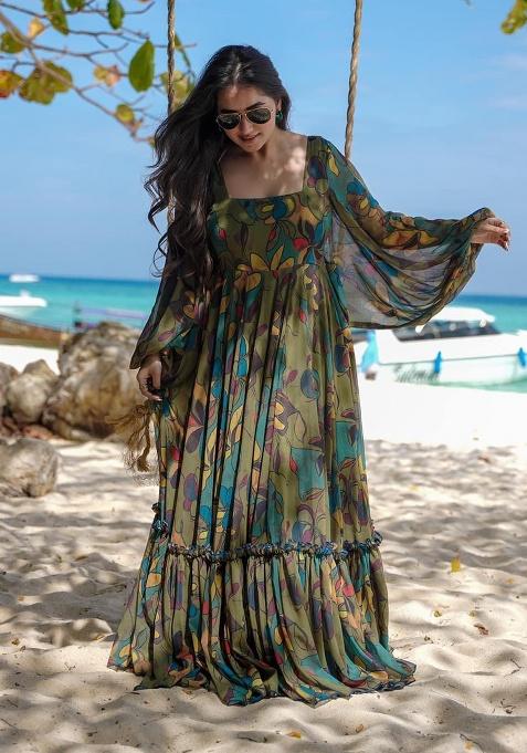 Green Digital Printed Chinon Anarkali Dress