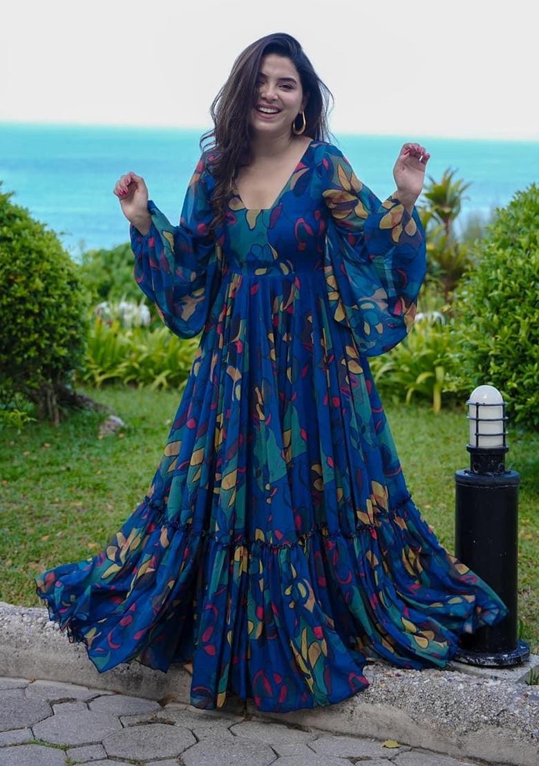 Peacock Digital Printed Chinon Anarkali Dress