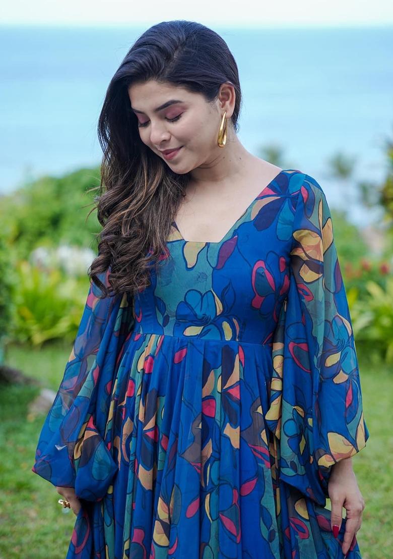 Peacock Digital Printed Chinon Anarkali Dress