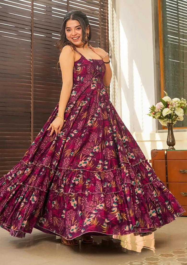 Purple Digital Printed Heavy Rayon Anarkali Dress