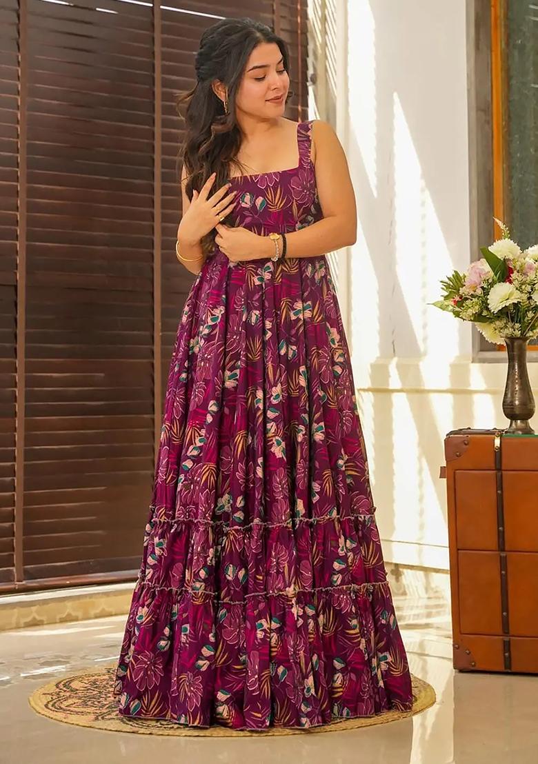 Purple Digital Printed Heavy Rayon Anarkali Dress