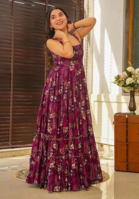 Purple Digital Printed Heavy Rayon Anarkali Dress