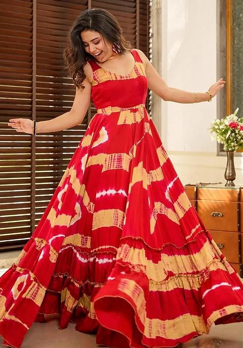 Red Digital Printed Heavy Rayon Anarkali Dress