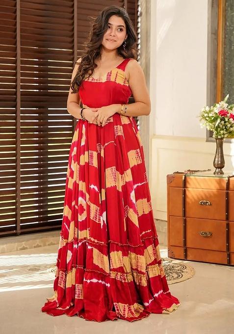 Red Digital Printed Heavy Rayon Anarkali Dress
