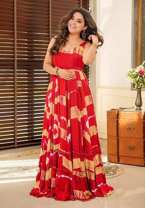 Red Digital Printed Heavy Rayon Anarkali Dress