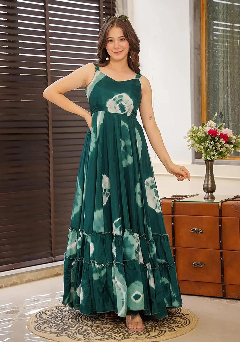 Green Digital Printed Heavy Rayon Anarkali Dress