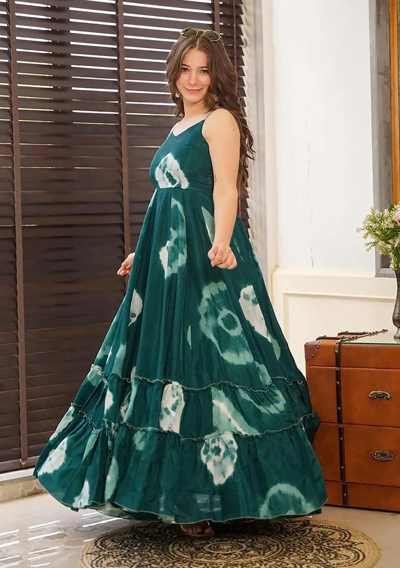 Green Digital Printed Heavy Rayon Anarkali Dress