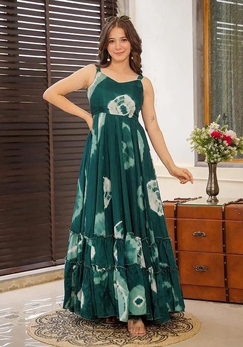 Green Digital Printed Heavy Rayon Anarkali Dress