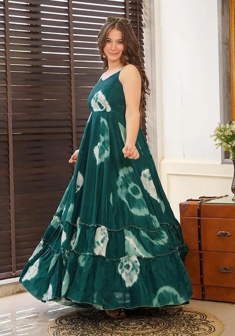 Green Digital Printed Heavy Rayon Anarkali Dress