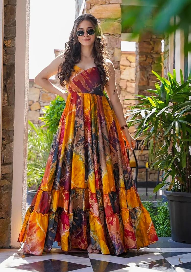 Multicolor Digital Printed Heavy Rayon Anarkali Dress