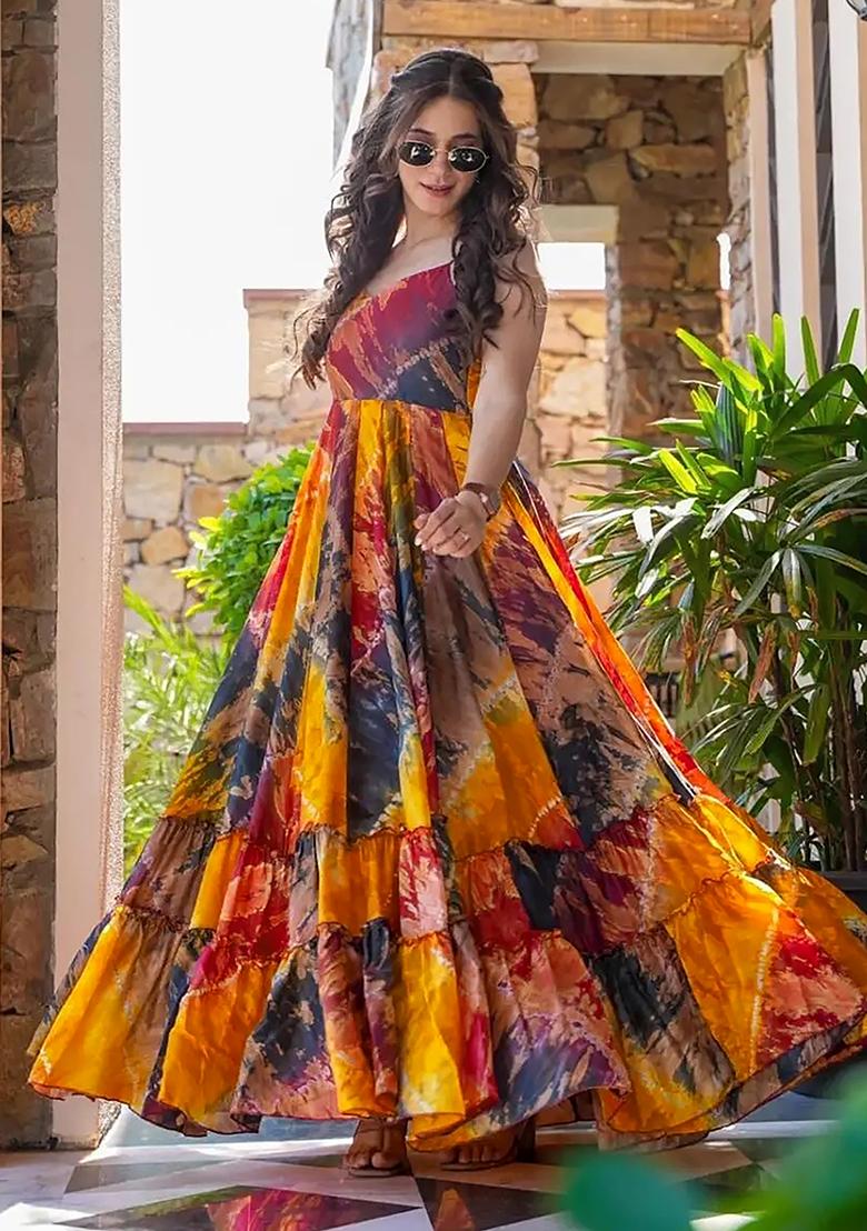 Multicolor Digital Printed Heavy Rayon Anarkali Dress