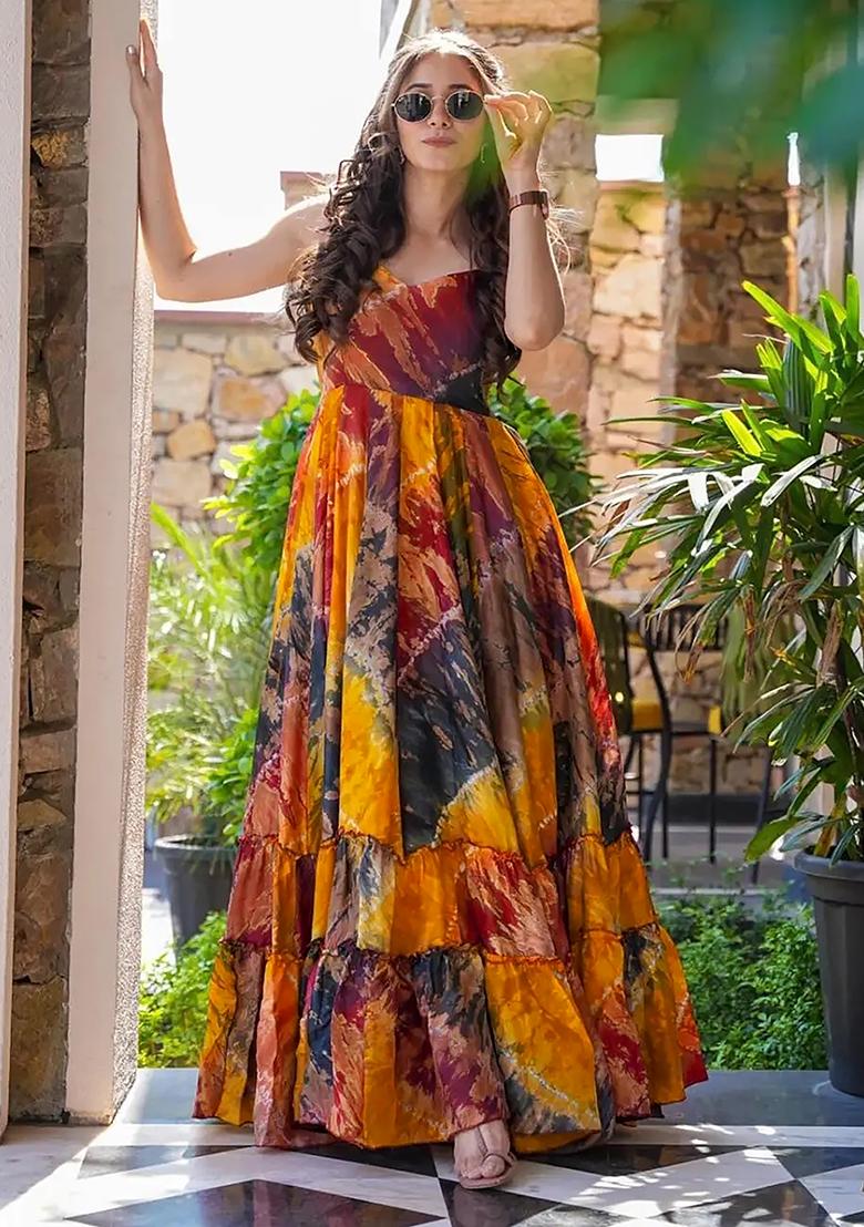 Multicolor Digital Printed Heavy Rayon Anarkali Dress