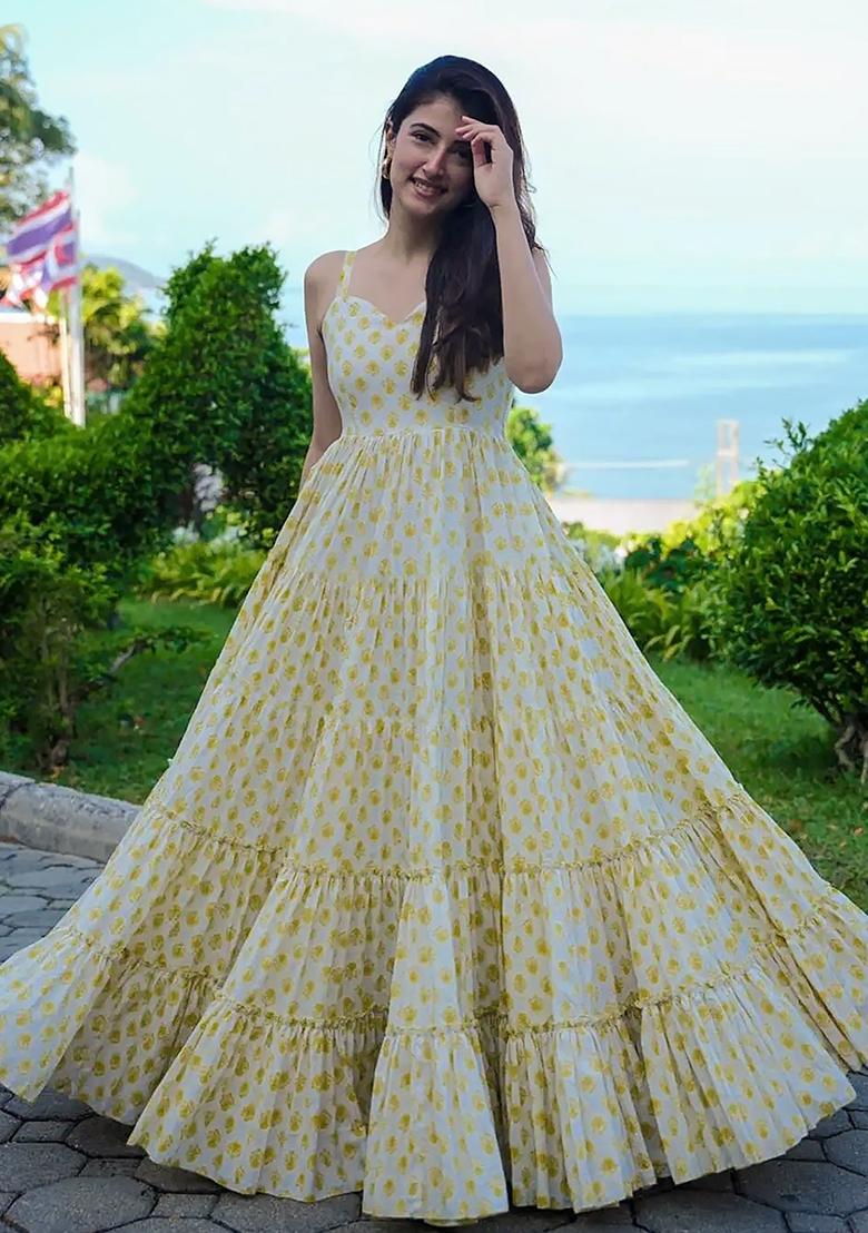 Yellow Digital Printed Heavy Rayon Anarkali Dress
