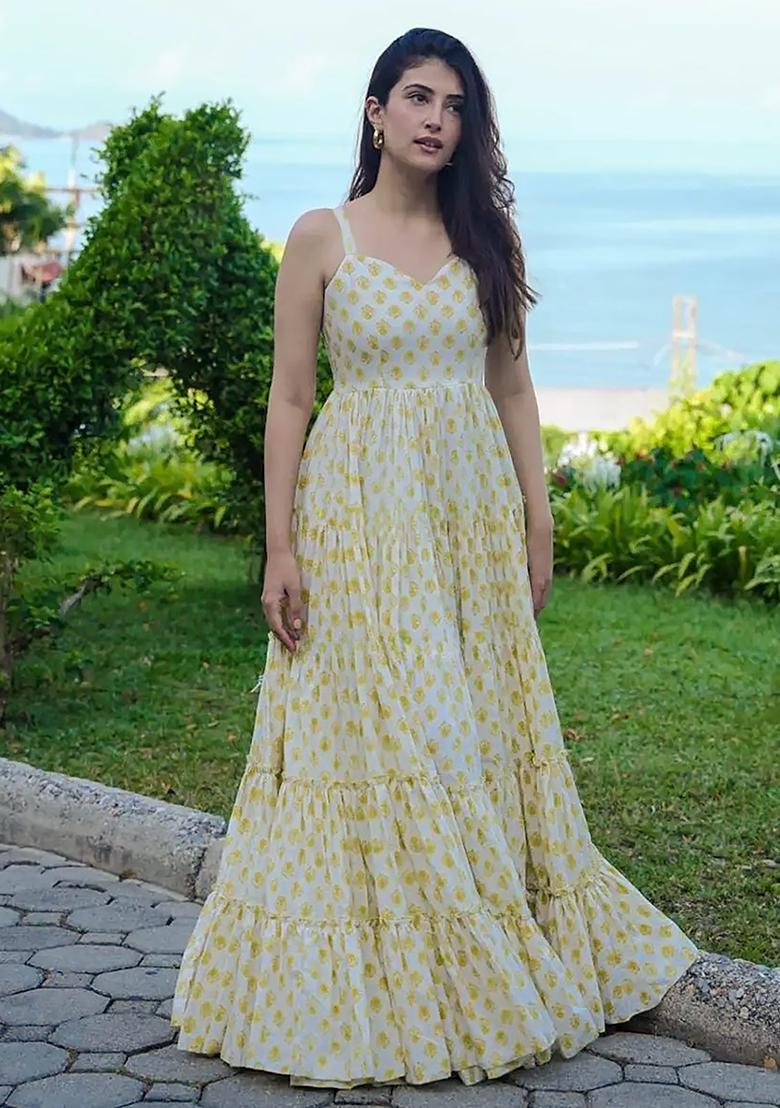 Yellow Digital Printed Heavy Rayon Anarkali Dress