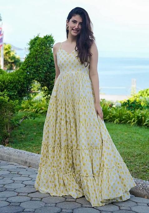 Yellow Digital Printed Heavy Rayon Anarkali Dress