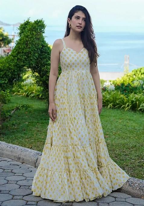 Yellow Digital Printed Heavy Rayon Anarkali Dress