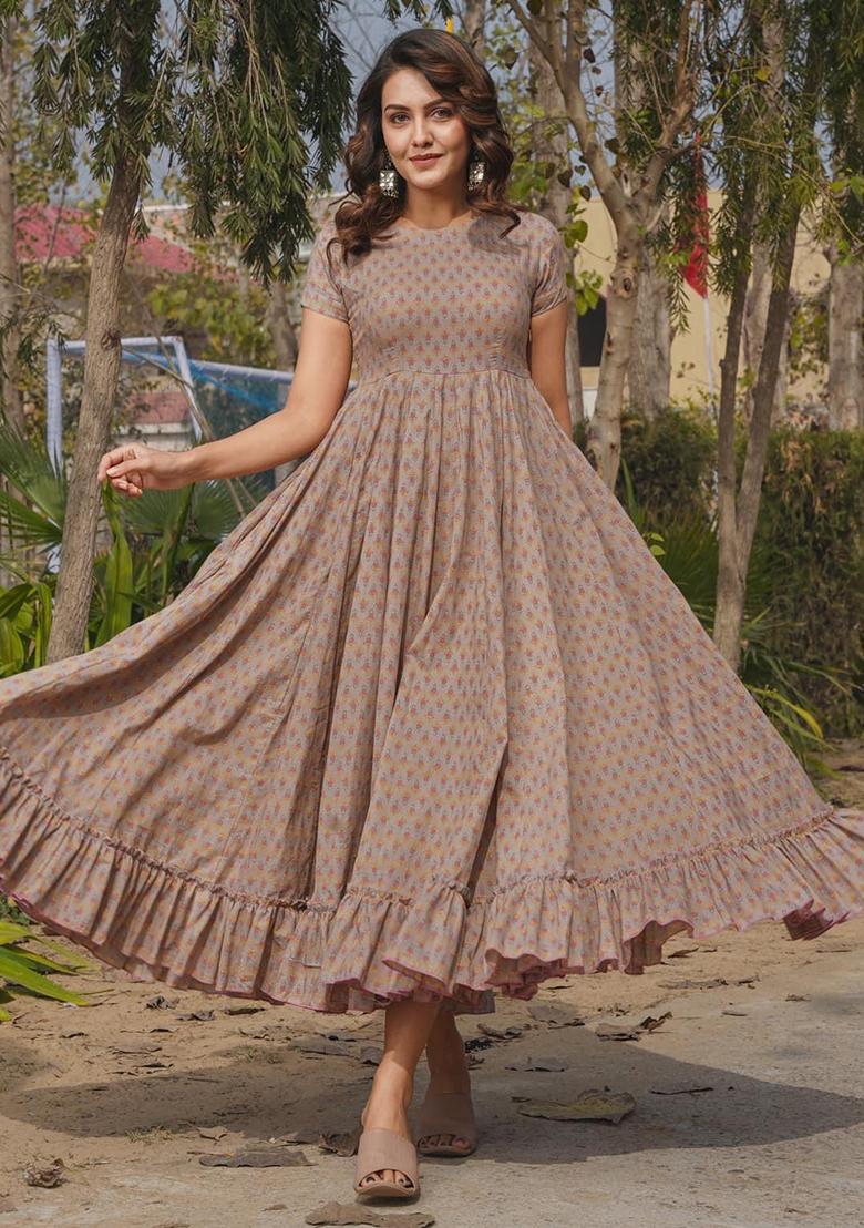 Grey Digital Printed Rayon Anarkali Dress