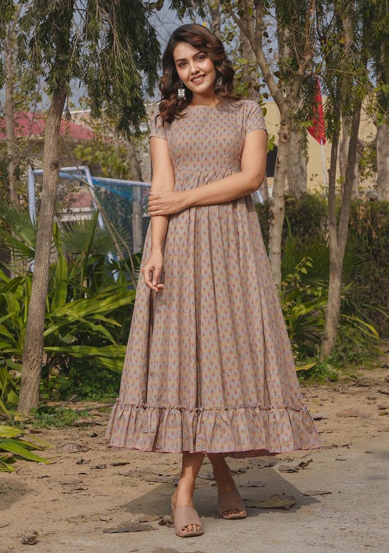 Grey Digital Printed Rayon Anarkali Dress