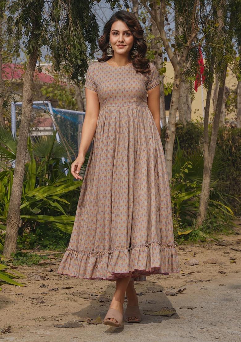 Grey Digital Printed Rayon Anarkali Dress