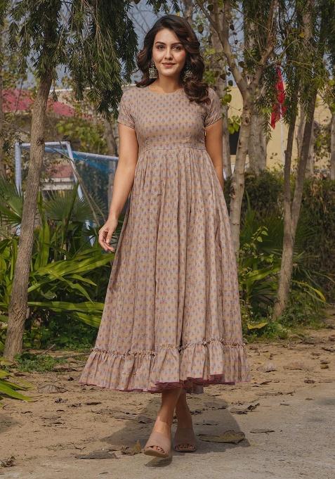 Grey Digital Printed Rayon Anarkali Dress