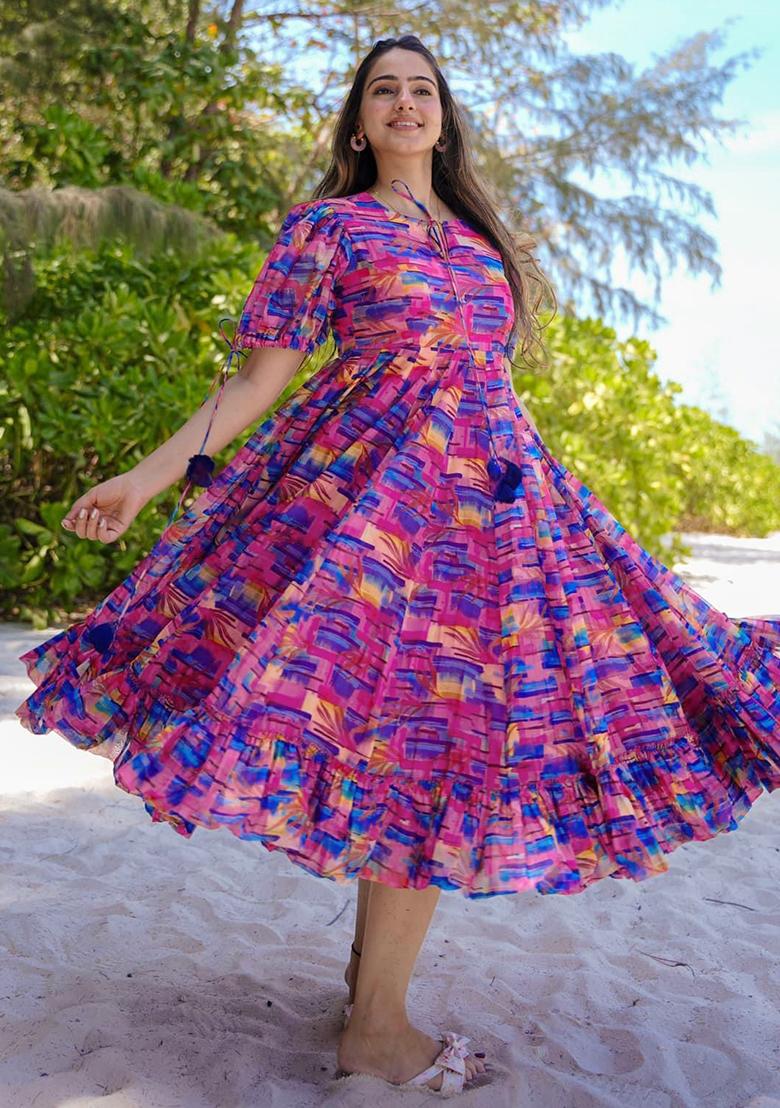 Multicolor Digital Printed Rayon Anarkali Dress