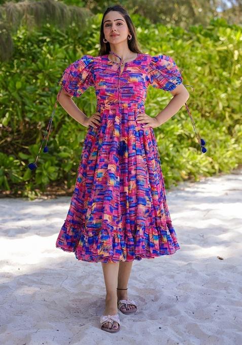 Multicolor Digital Printed Rayon Anarkali Dress