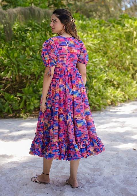 Multicolor Digital Printed Rayon Anarkali Dress
